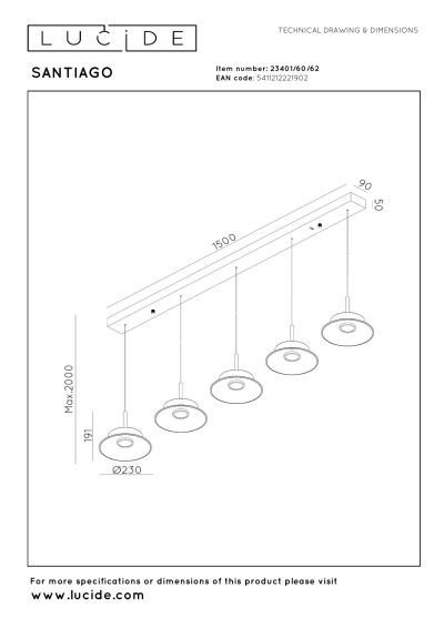Lucide SANTIAGO - Pendant light - LED Dim. - CCT - 5x10W 2700K/4000K - Amber - Premium
